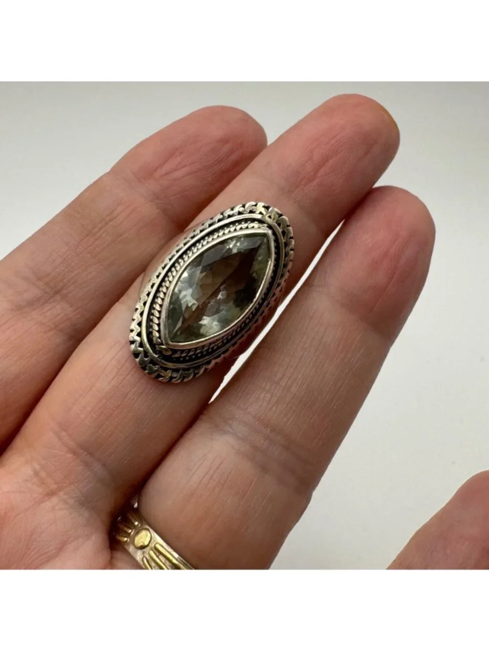 Marquise Pale Green Quartz Bezel Set Sterling Silver Statement Ring Size 7.75